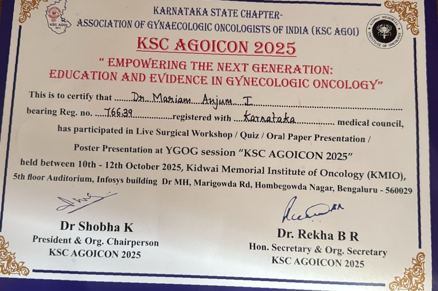 Dr. Mariam Anjum — KSC AGOI — Certificate